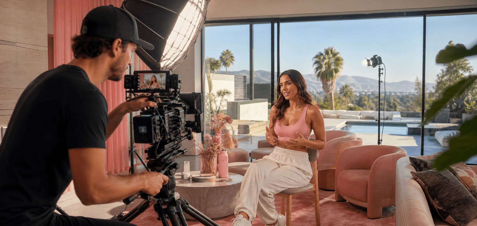 A full-time videographer filming an adult creator at a Los Angeles house