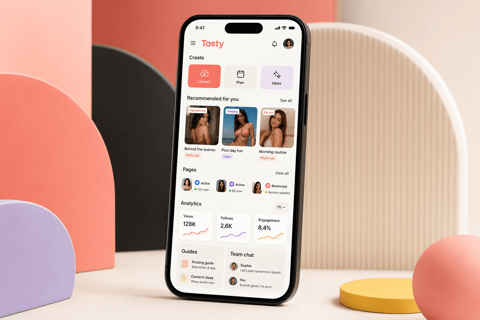 Tasty Creator App shown on a phone with content, page, analytics, guides, and team features